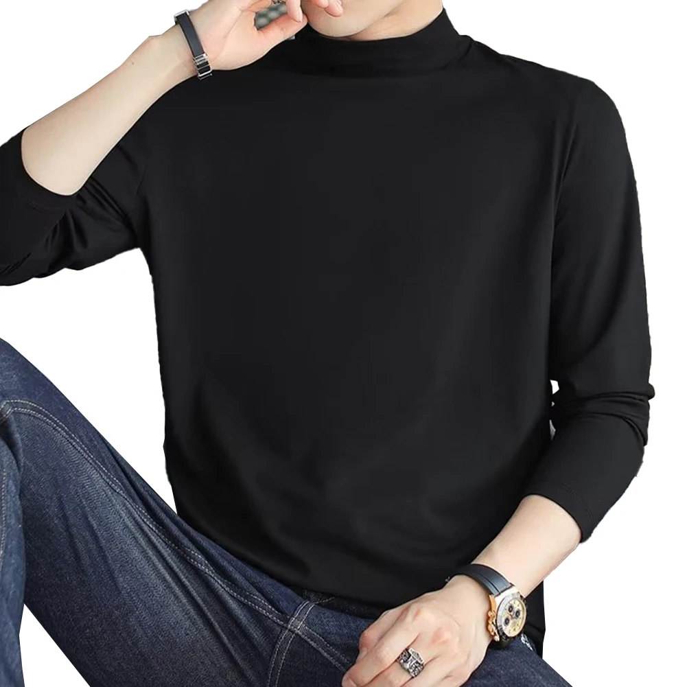 Heren Casual Elasticiteit Halve Coltrui Lange Mouw Voor Jumper Tops Onderhemd Slim Fit T-Shirt