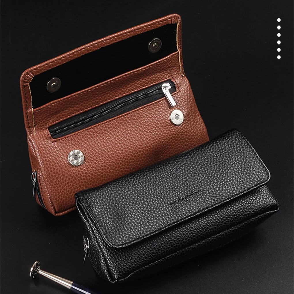 Stylish Compact Size Leather Tobacco Pouch Case With 2 Pipe Holder Pocket Leather Tan Tobacco Pouch Black