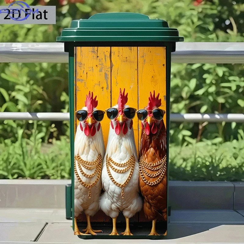 2D Flat Printing 1pc 2D Pattern Printed Kitchen Trash Can Sticker 14.57x32.28inch Fashion Glasses Three Chickens Graphic Theme