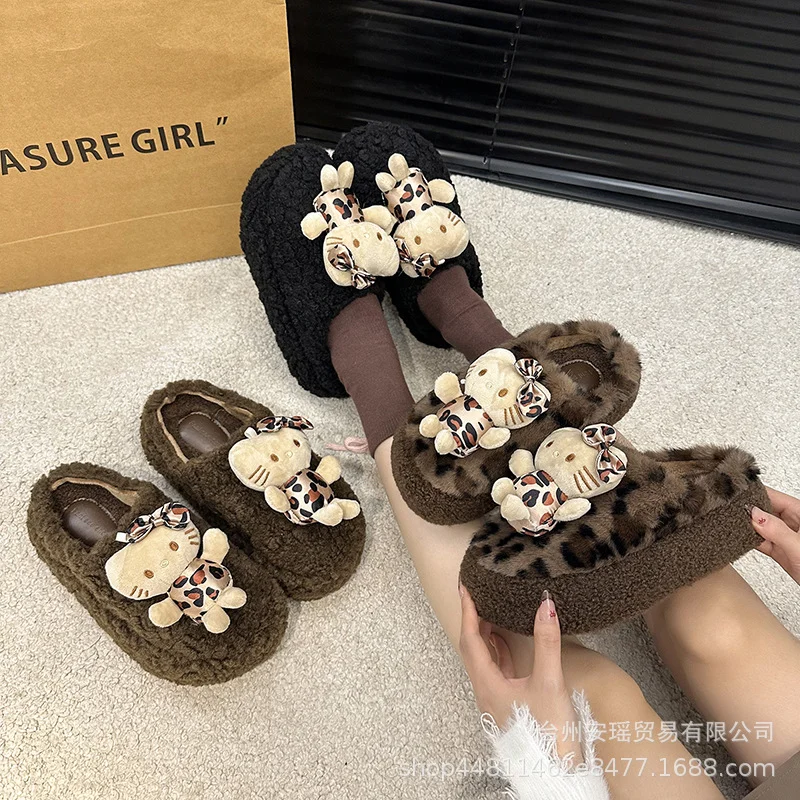 Sanrio autumn and winter Hello Kitty cute warm home women's shoes cartoon leopard print non-slipthick-soledplush cotton slippers