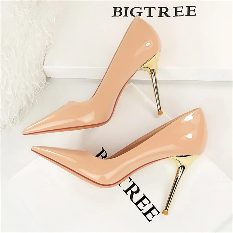 BIGTREE Quality Woman Pumps Patent Leather High Heels Sexy Party Metal Stilettos Luxury High-heeled Shoes Size 43