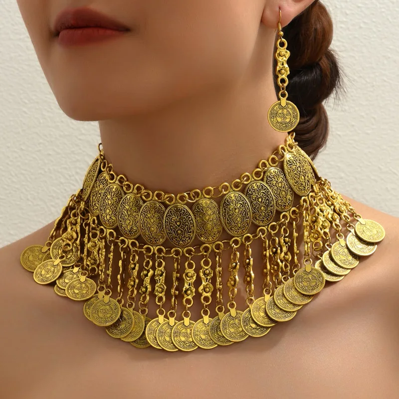

Middle Eastern-Style Metal Coins Tassel Big Chunky Neckless Earrings Jewelry Set for Women Gypsy Bohemian Vantage Party Wear