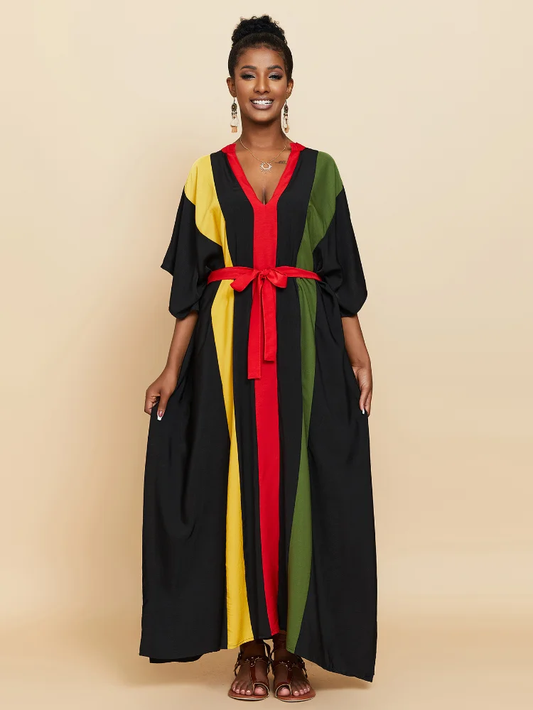 Kaftans for Women Rainbow Stripe Maxi Beach Dresses Swimsuit Cover Ups 2022 Trend Self Belted India Folk Bathing Suits