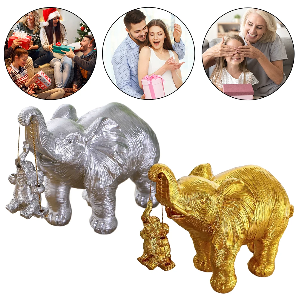 

Gold/Silver Swing Mother Son Elephant Statue Resin Animal Elephant Sculpture Wealth Elephant Crafts for Home Living Room Decor