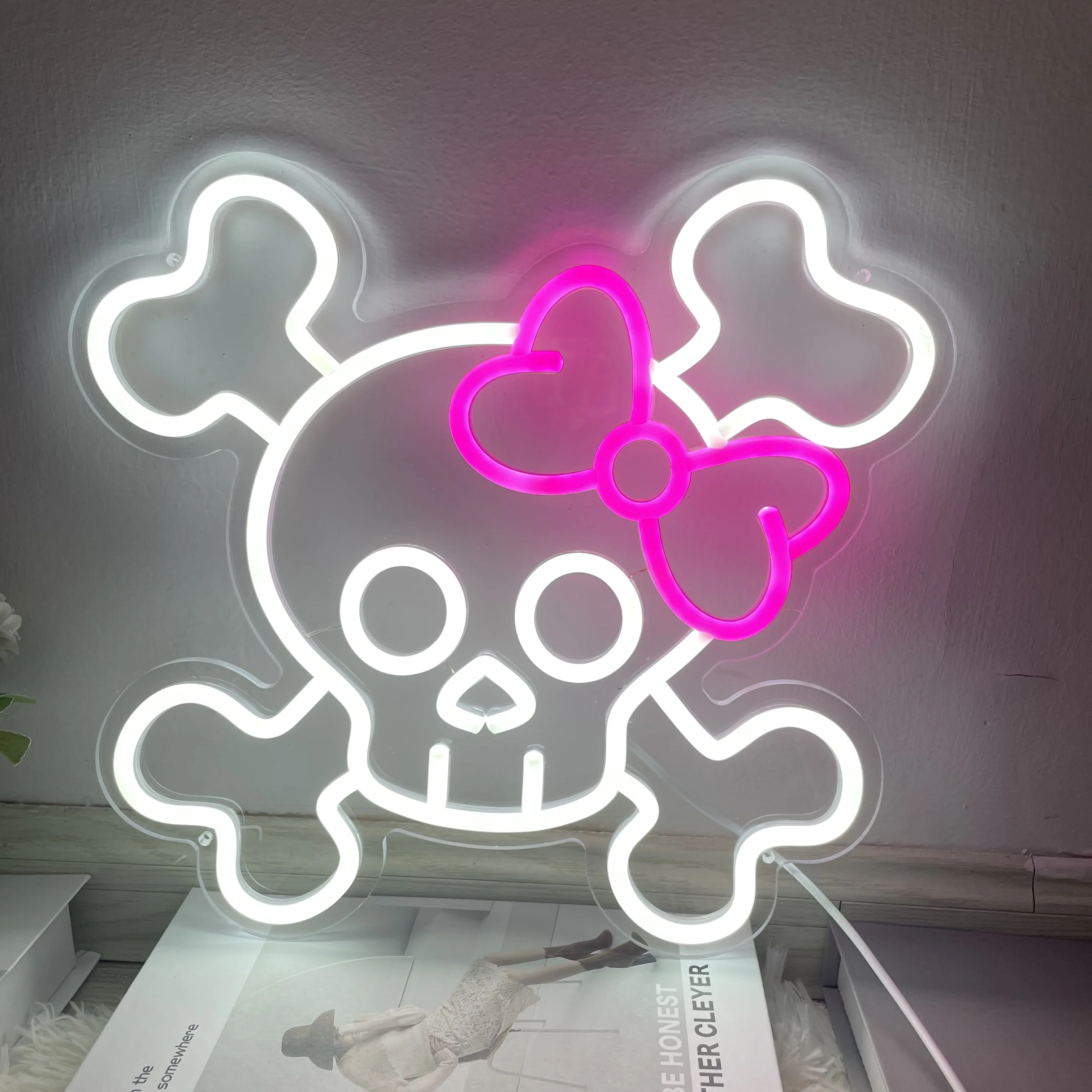 Pink Bowknot Skull Neon Signs Custom Anime Skull LED Neon Light Skeleton Neon Light for Game Room Bar Club Room Decor