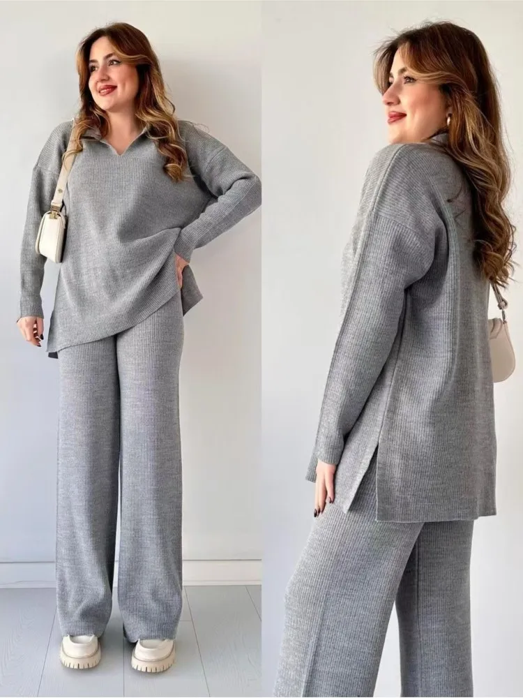 

Autumn Solid Color New Loose Hem Slit Knit Sweater Two-piece Set For Women Fashion Casual V-neck Lapel Long Sleeve Trousers Set