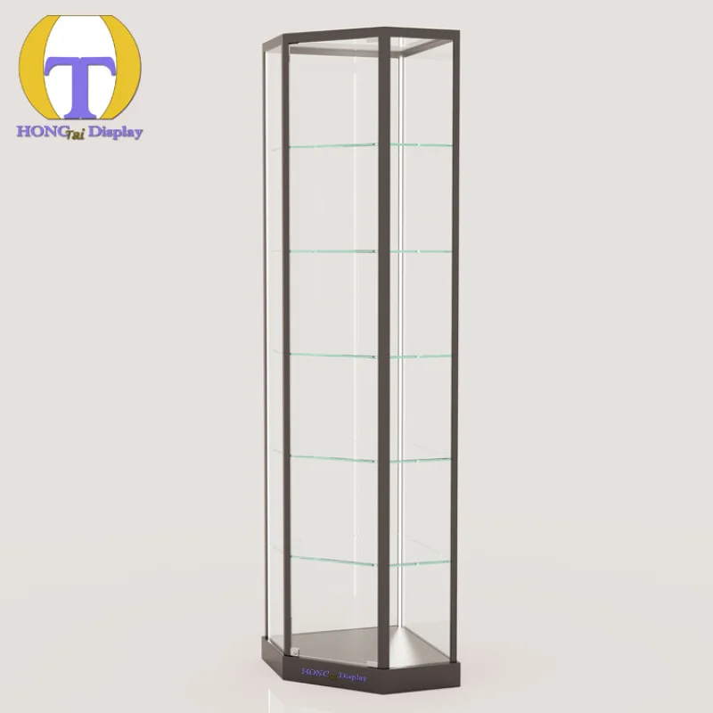 custom.Black Floor Standing Retail Stores and Exhibitions Corner Display Showcase