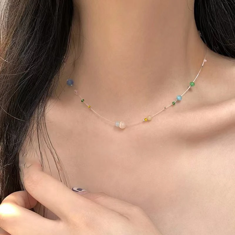 Bohemian Fish Line Beads Choker Candy Color Beach Jewelry Summer Clavicle Necklace For Women Charm Invisible Fishing Line Choker