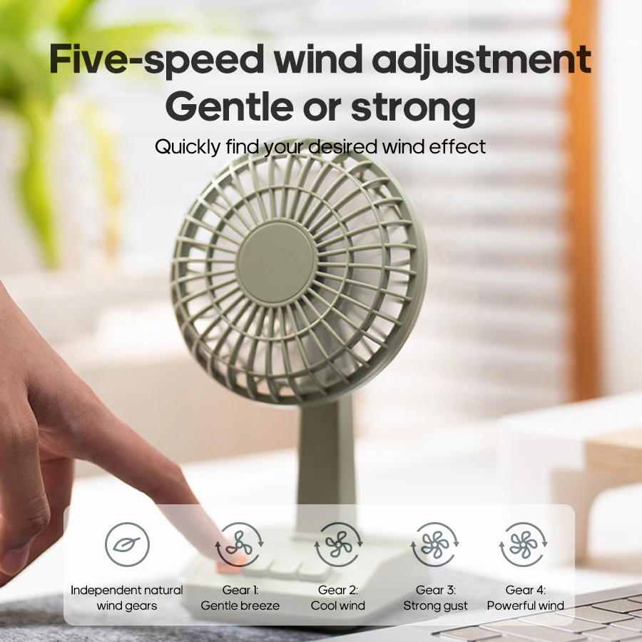 Ventilador de Mesa Vintage 2000mAh, 5 Velocidades, Silencioso, Recarregável, Ventilador Elétrico com Ângulo Ajustável, Mini Circulador de Ar Portátil para Casa e Escritório