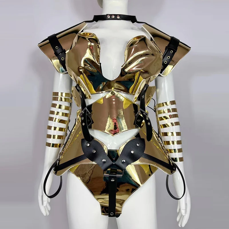 Pu Leather Gold Armor Bodysuit Future Sense Singer Dancer Stage Costume Carniva Rave Clothing Nightclub Dancer Outfti VDB6154