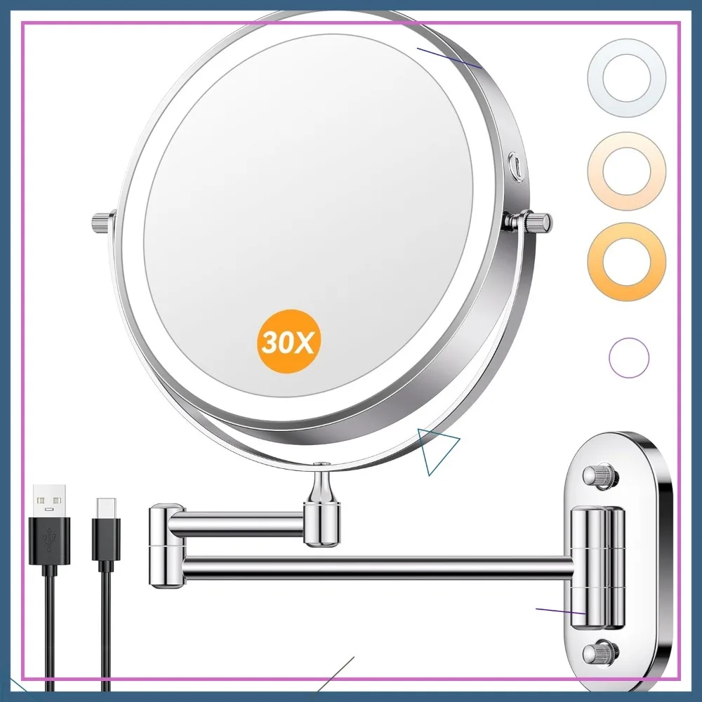 

8" Wall Mounted Makeup Mirror with Light, 1X/30X Magnifying, Rechargeable LED Vanity Mirror, 360° Rotation Foldable Arm