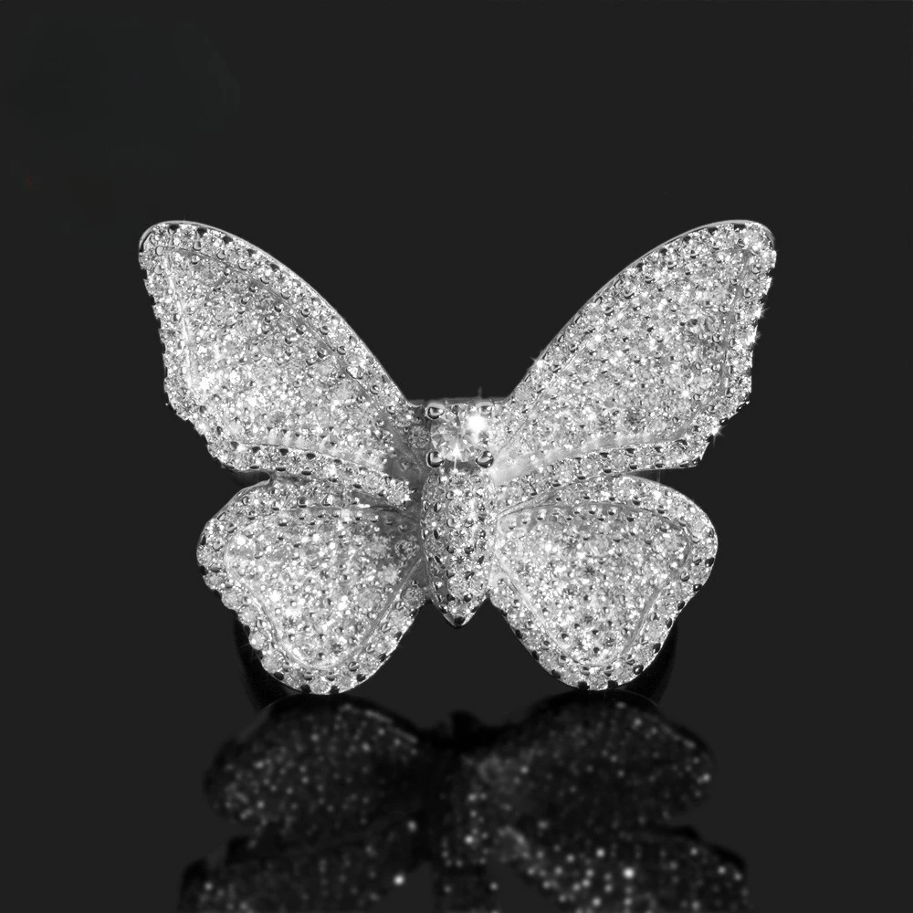 925 Silber Iced Out D-Farbe Moissanit Schmetterlingsring für Damen und Herren – Hip-Hop Rock Diamant Partyringe, testet positiv, Geschenk mit GRA-Zertifikat – Detail 1