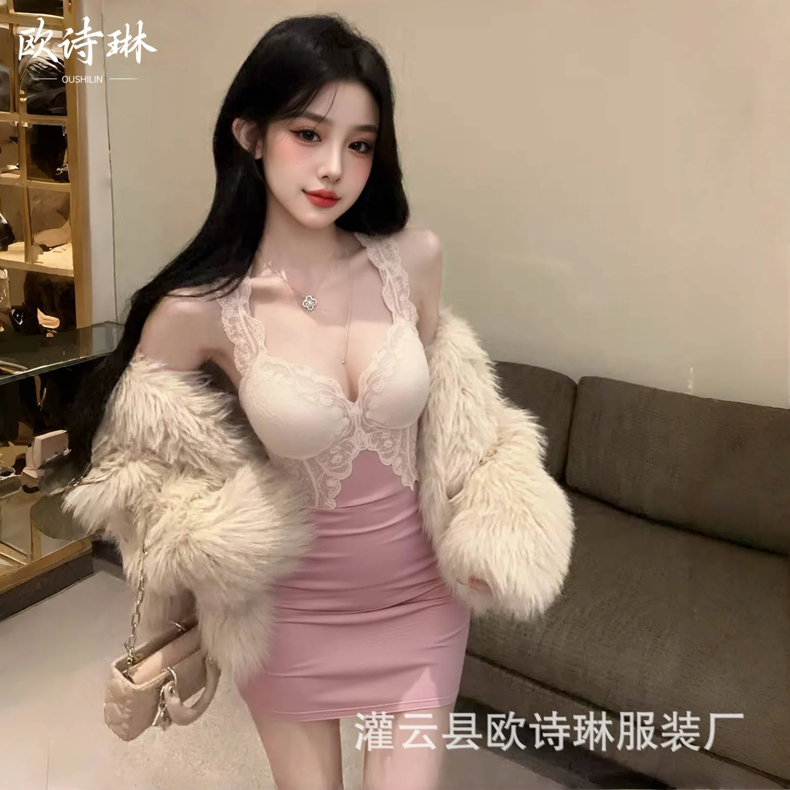 

New Ou Shilin large size low neck lace splicing design suspender dress waist temperament sexy pure desire hip skirt