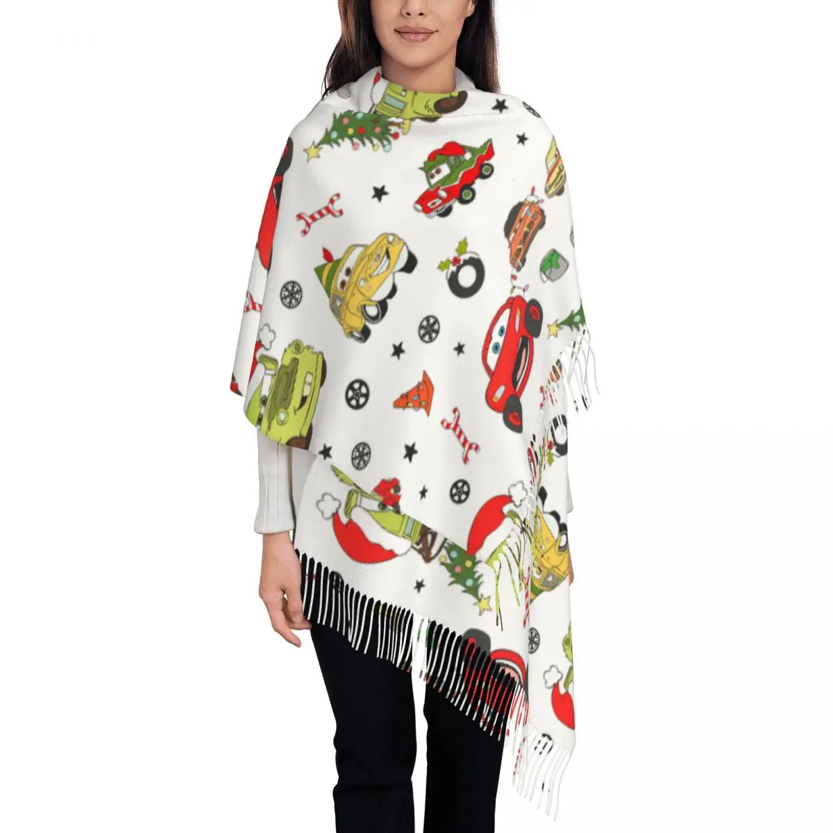 

Женский шарф с кисточками Cars Lightning McQueen, длинная зимняя теплая шаль и накидка, подарки, кашемировый шарф