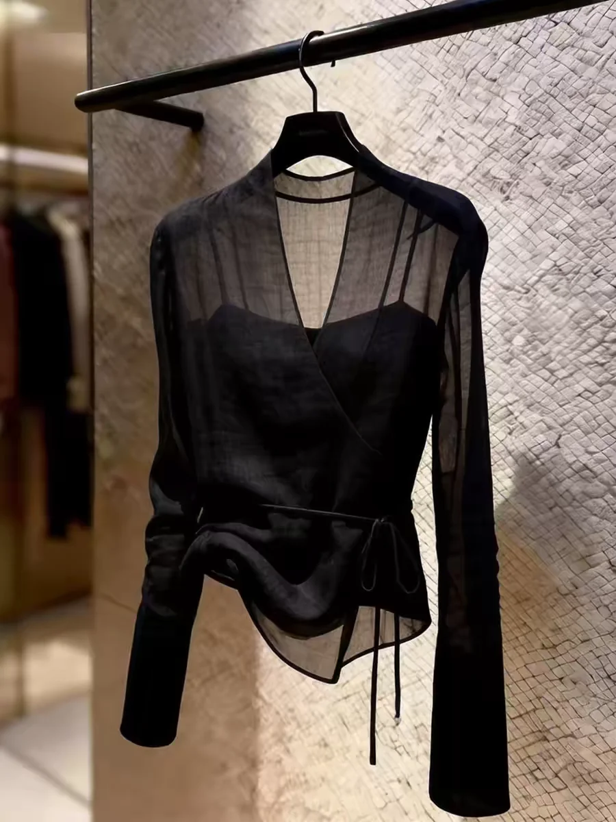 Designer solid color long-sleeve women's new V-neck tie-up sheer chic top