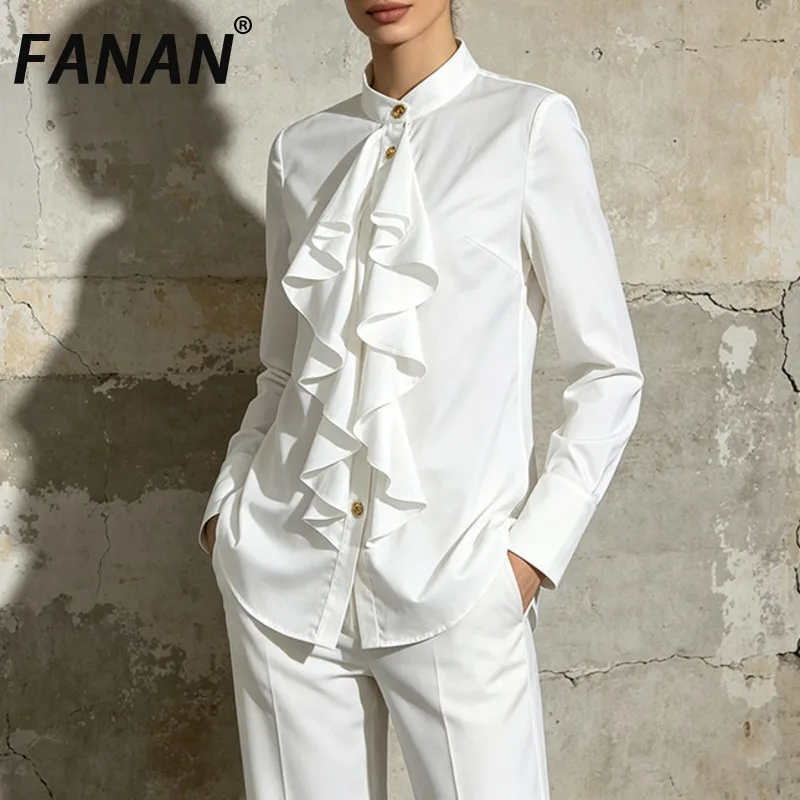 FANAN Autumn New White Stand Collar Blouse Women Front Big Ruffle Decor Gold Buttons Long Sleeve Elegant Office Formal Shirt