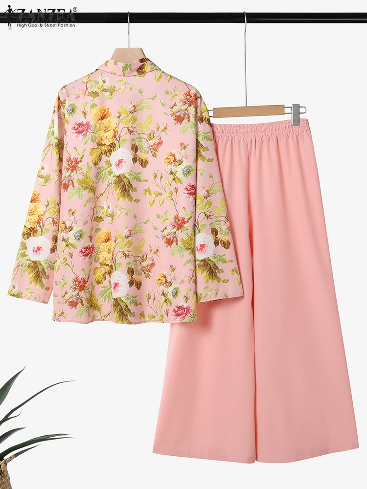 ZANZEA خمر مكتب سيدة مجموعات أنيقة النساء الدعاوى الرجعية طويلة الأكمام قمصان مطبوعة بنطلون 2025 سراويل تقليدية مطابقة مجموعات