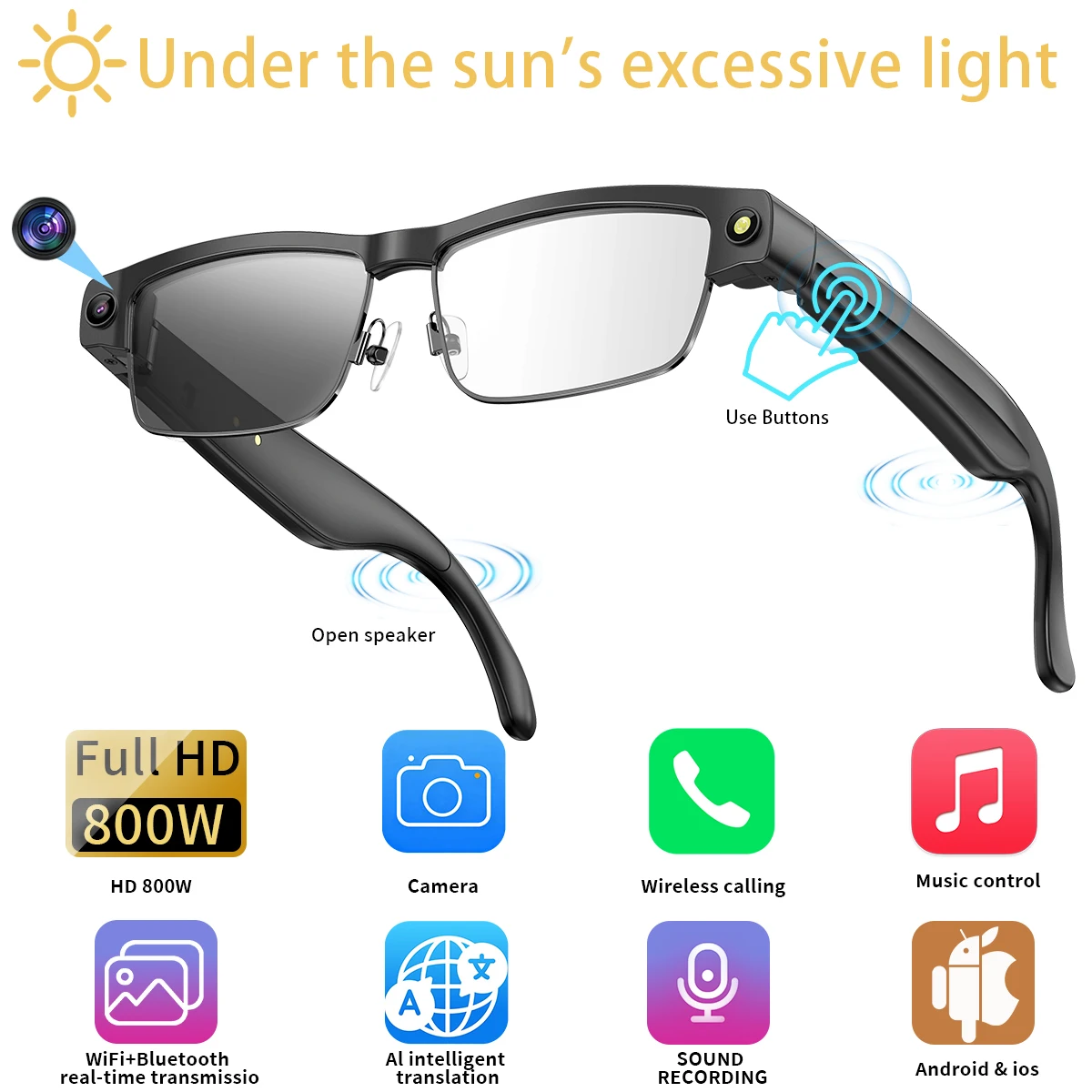 LIGE 800W HD Camera Smart Glasses Video Record BT Call 270mAh Battery Voice Control AI Translate Sunglasses Photochromic Lenses