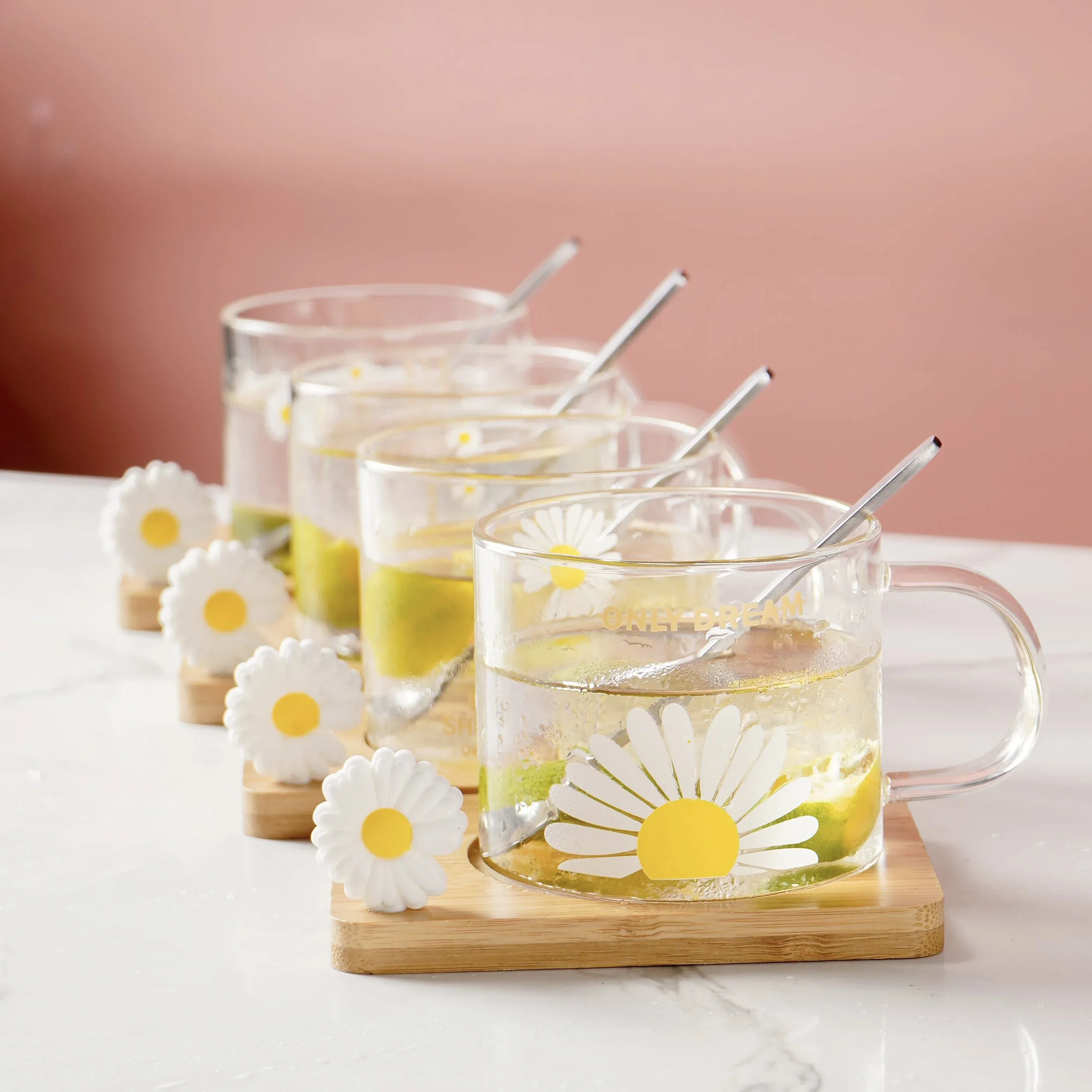 

# Factory Direct Sales 450ml Water Cup Cute Short Cylindrical Water Coffee Flower Bamboo Cover Glass #