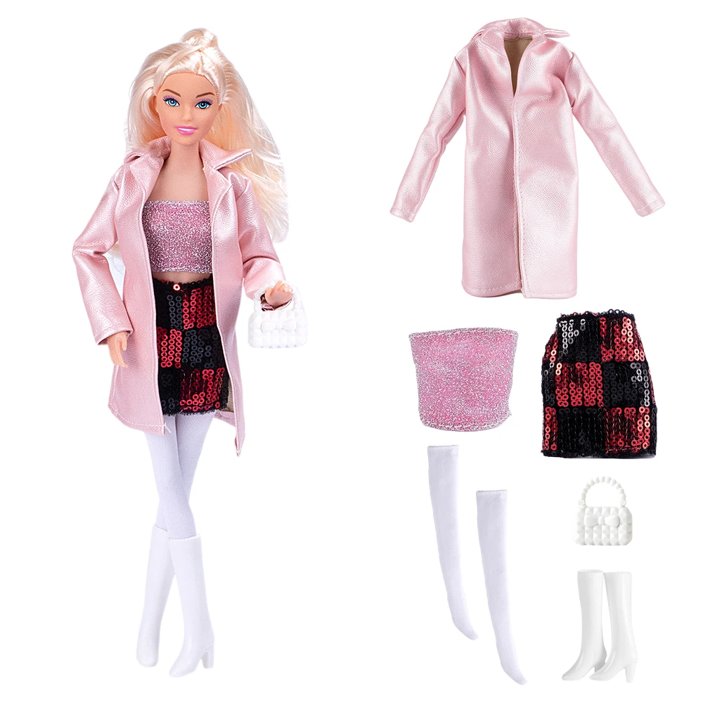 

NK 1 Set 11.5 inch Doll Clothes Faux Pink Long Coat+Top+Skirt+Socks+Shoes+White Bag For 1/6 Doll Accessories Gift Children Toy
