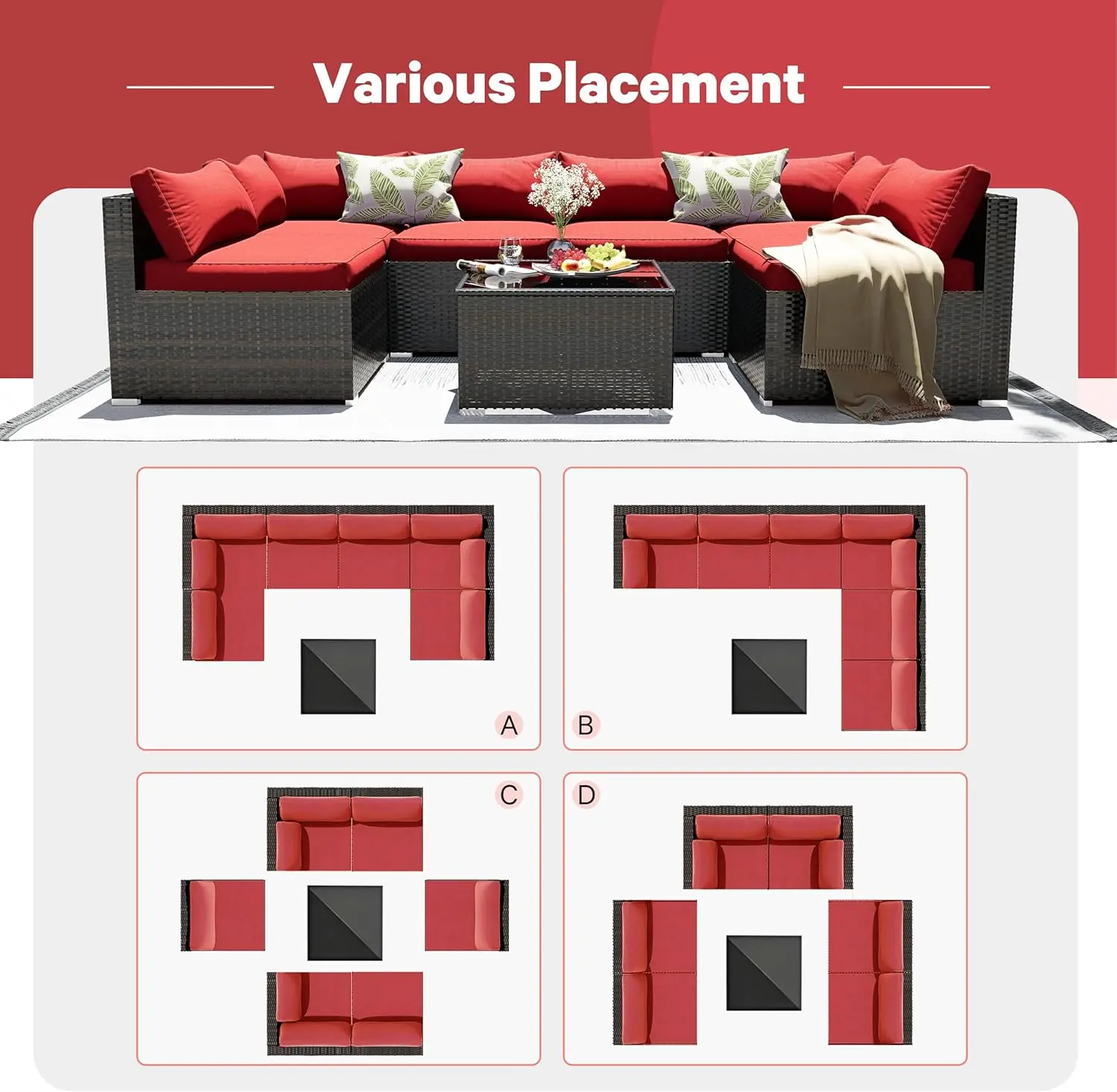 7 Pieces Patio Furniture Set - Outdoor Sectional Wicker Rattan Furniture with Cushion and Glass Table Patio Conversation Sets