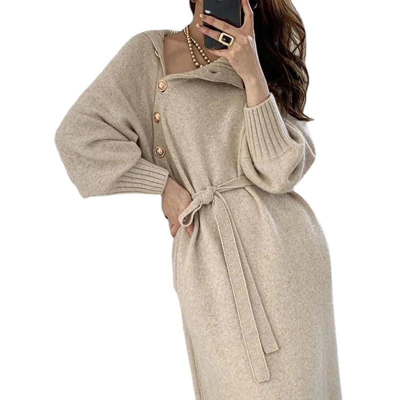 Women Autumn Knitted Dress Turtleneck Sexy High Elastic Oversized Sweater Dress Winter Knit Warm Long Dresses