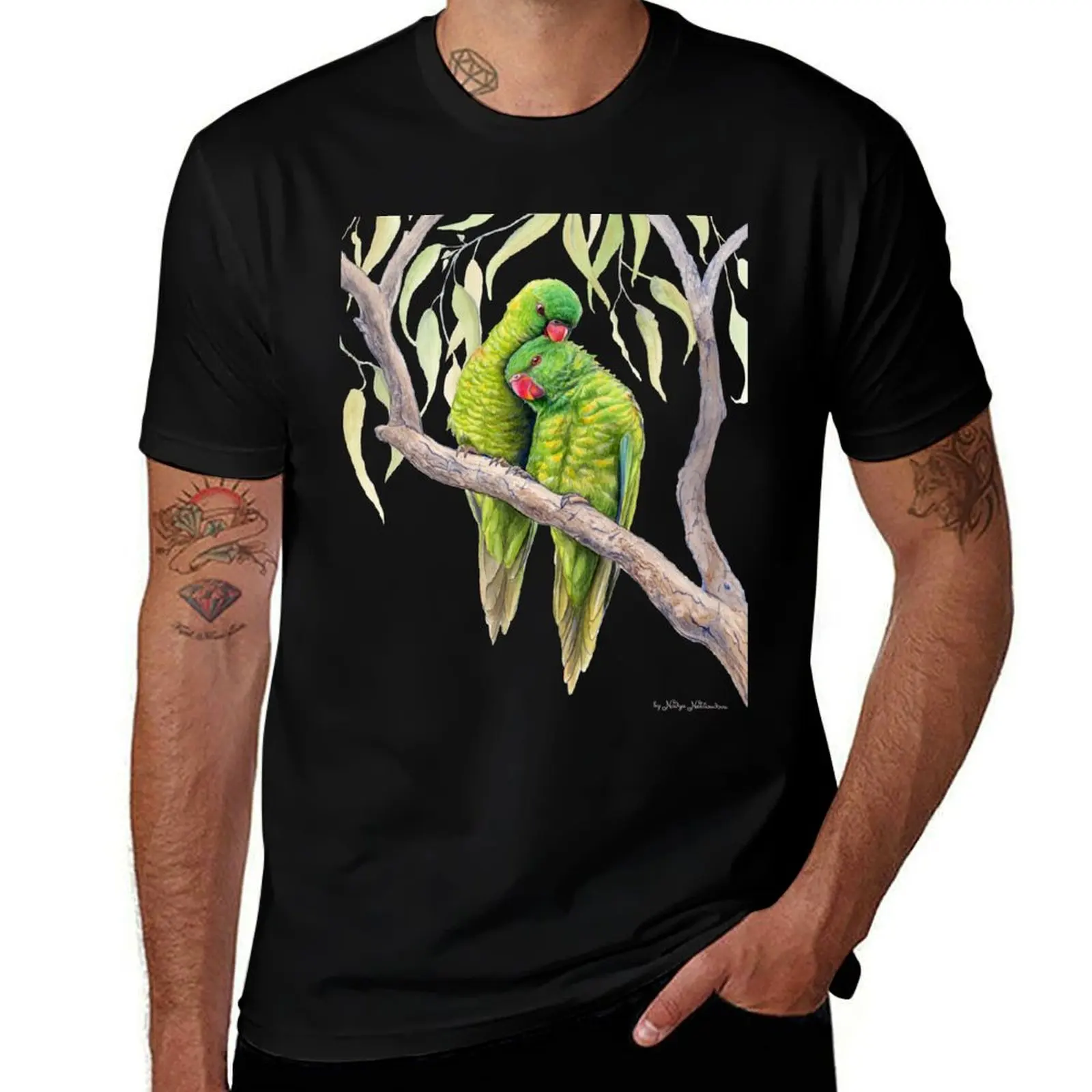 

Scaly-Breasted Lorikeets - акварельный дизайн от Nadya Neklioudova Футболка хлопковые футболки футболка высокого качества