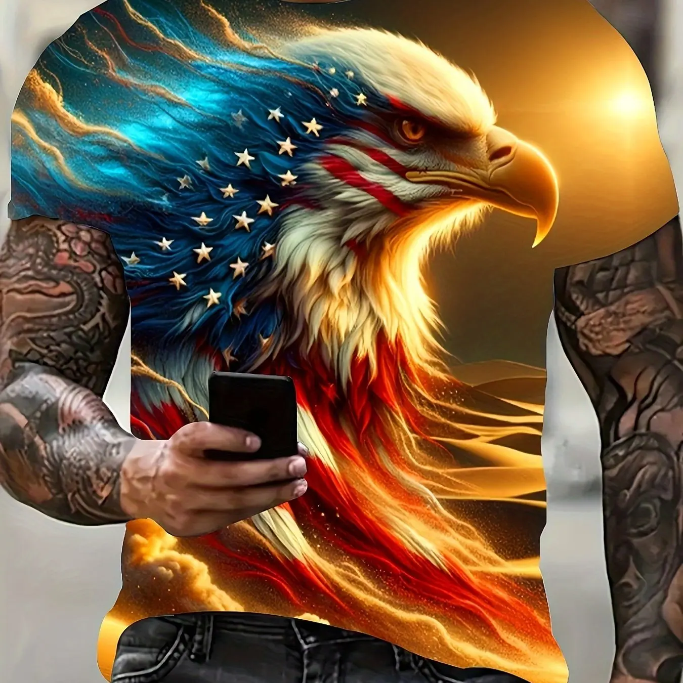 American Eagle Men's T-Shirt Summer 3d Animal Printed Round Neck Tee Shirt Casual Short Sleeve Tops Streetwear Fashion Clothing