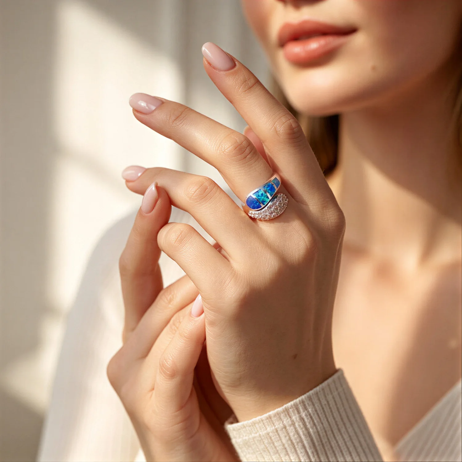 Women Asymmetric Cross Over Statement Ring, Blue Opal Stone Clear Zirconia Inlaid Wide Band Ring, Luxury Party Jewelry Gift - view 6