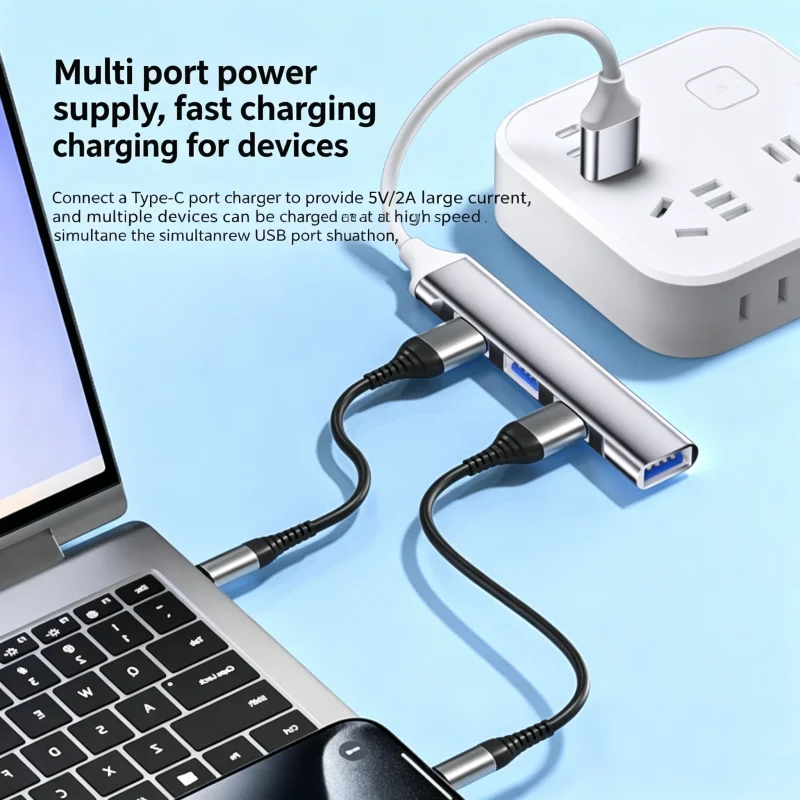 4 Port USB 2.0 Hub USB-A & Type-C Multi Port Splitter High Speed Data Transfer Adapter For Laptop PC，Micro USB 0.3m Cable