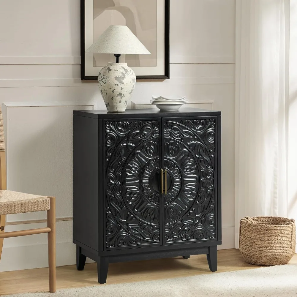 Storage Cabinet with 2 Doors and Shelves, Traditonal Distressed Accent Cabinet with Carved Flower Pattern, Black Decorative