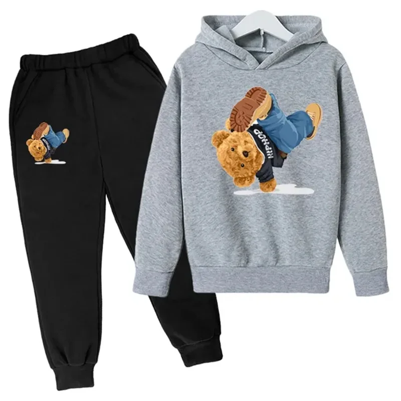 Kids Hoodie Set Cotton Top Pants 2pcs Sets Spring/Autumn Children\'s Clothing Street Dance Cartoon Bear Print Boys Girls Tops