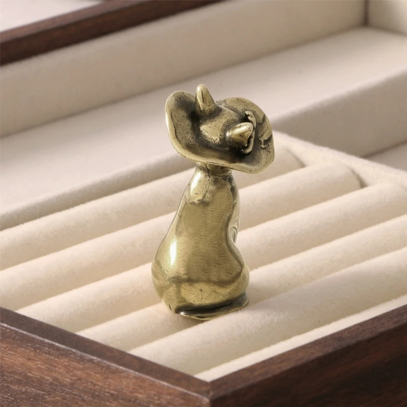 Antique Brasses Cats Miniature Sculpture with Sitting Pose for Bookcase Accent J0MC