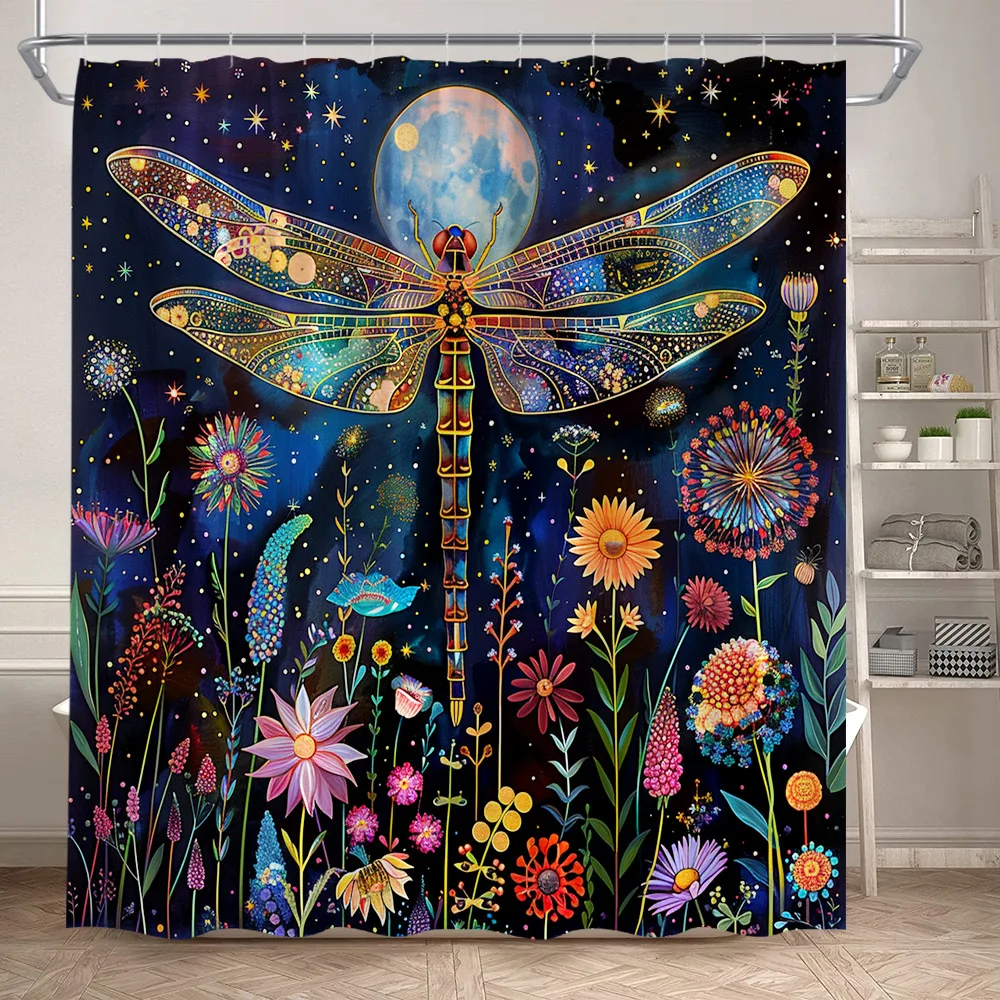 Colourful Dragonfly Shower Curtains Full Moon Night Starry Sky Plant Floral Bath Curtain Polyester Fabric Bathroom Decoration