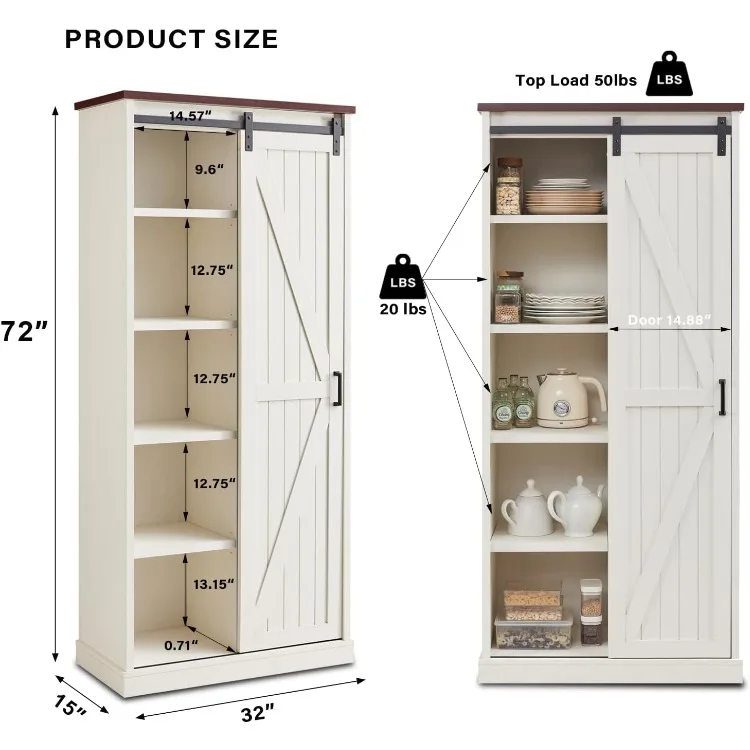 72" Tall Farmhouse Storage Cabinet, Large Kitchen Pantry with Sliding Barn Doors & Adjustable Shelves