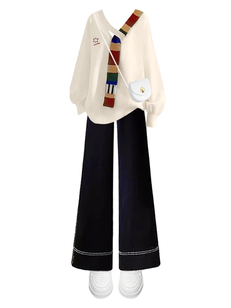 Korean Sle Knitted Sweater Set Women's Autumn Winter Faion Personali College Wind Sweater Wide Leg Slimming Jeans Two P...