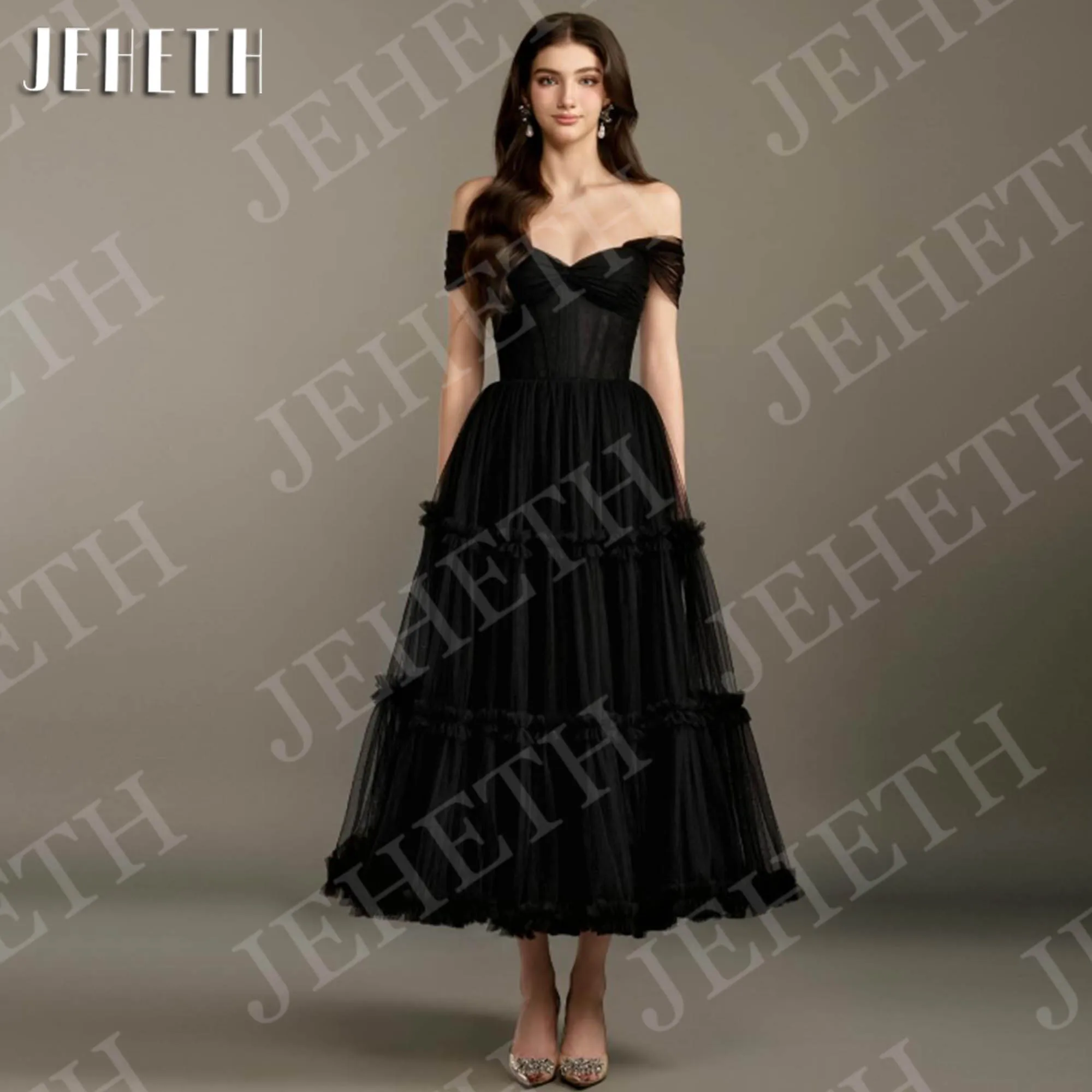 

JEHETH Ankle Length Prom Dresses Black Elegant Off Shoulder Tulle A Line Formal Party Dress Woman Customized فساتين حفلة موسيقية
