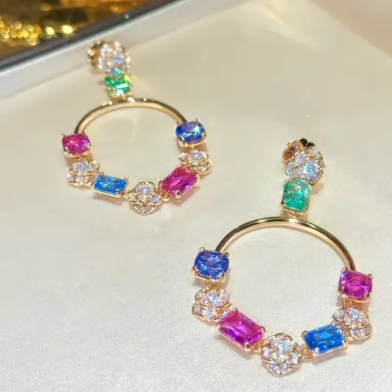 CAMEO 925 Silver Synthetic Zircon Earrings Colored Gemstone Geometric Full Diamond Hollow out Circle Fashion Earrings Hoop