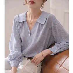 Fashion Lapel Printed Button All-match Striped Shirt Women's Clothing 2022 Autumn New Loose Casual Tops Office Lady Blouse