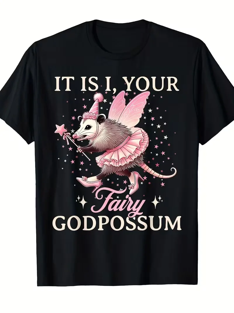 

Fairy Godpossum Print T-shirt Whimsical Possum In Tutu With Wand Graphic Short Sleeve Tops Spring Summer Outdoor Casual Tee