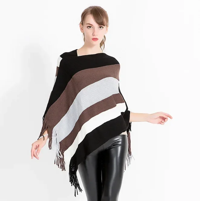 Autumn  Winter New Knitted Pullover Cloak Shawl Women's Fashion Stripe European  American Women's Scarf Shawl Girl Outdoor Black