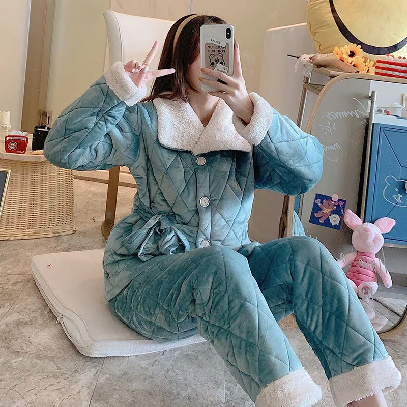 

Winter Warm Super Thick Flannel Women Pajama Casual Pajama Set Comfort Three Layers Quilted Pijama Elastic Waist Female Pajamas