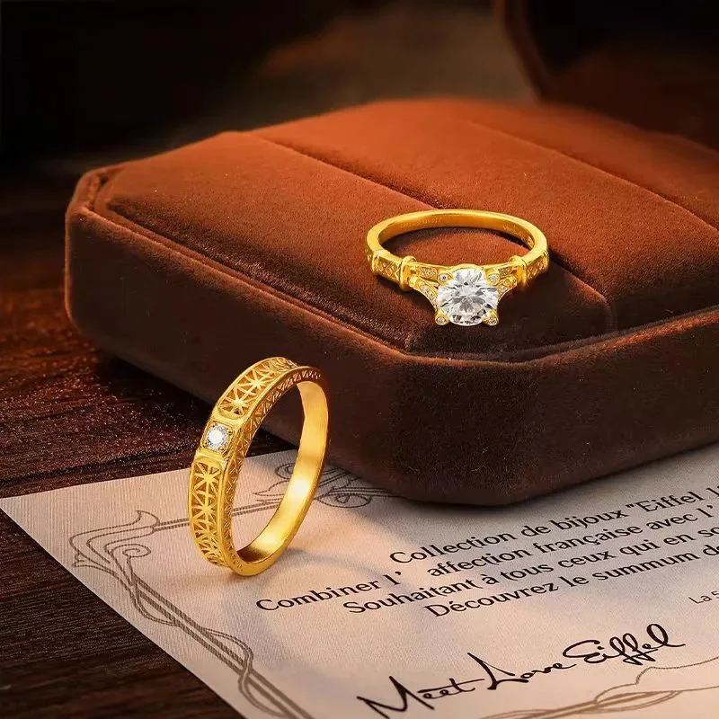 VivoGold9999 genuine gold 24K pure gold high-end Eiffel Tower couple ring gold ring adjustable men's and women's gold jewelry ri image 3