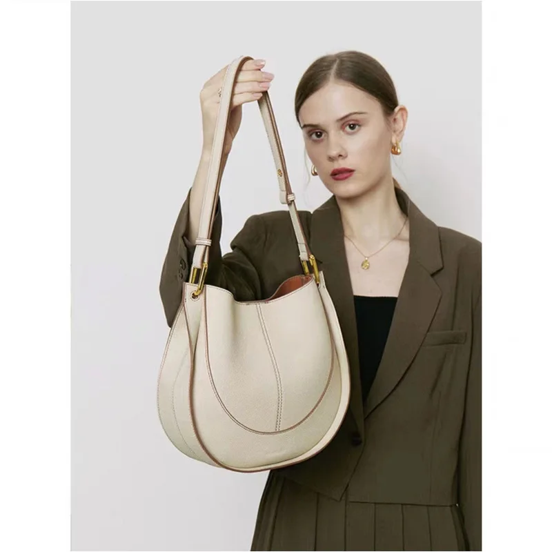 New Trendy Saddle Bag Large Capacity Circular Bucket Bag Split Leather One Shoulder Crossbody Bag Women\'s Genuine Leather Bag