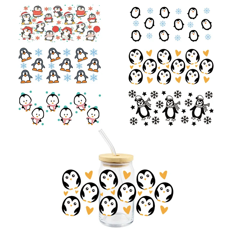 Christmas UV DTF Wrap Transfer Stickers Cartoon Penguin Design Waterproof Wrap For Glasses Cups Mugs DIY Decal