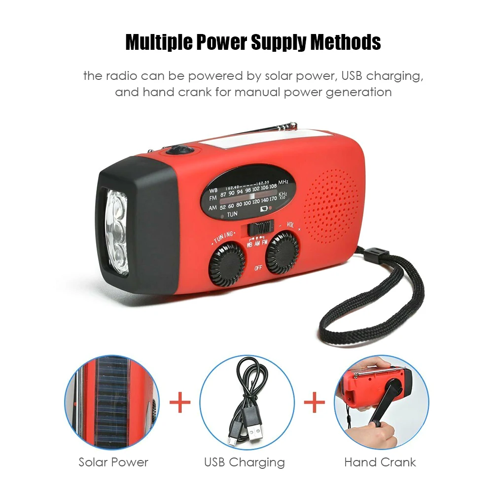 Emergency Radio Hand Crank Solar Weather Radio 2000mAh AM / FM Emergency Weather Radio Portable Power Bank with Solar Charging &