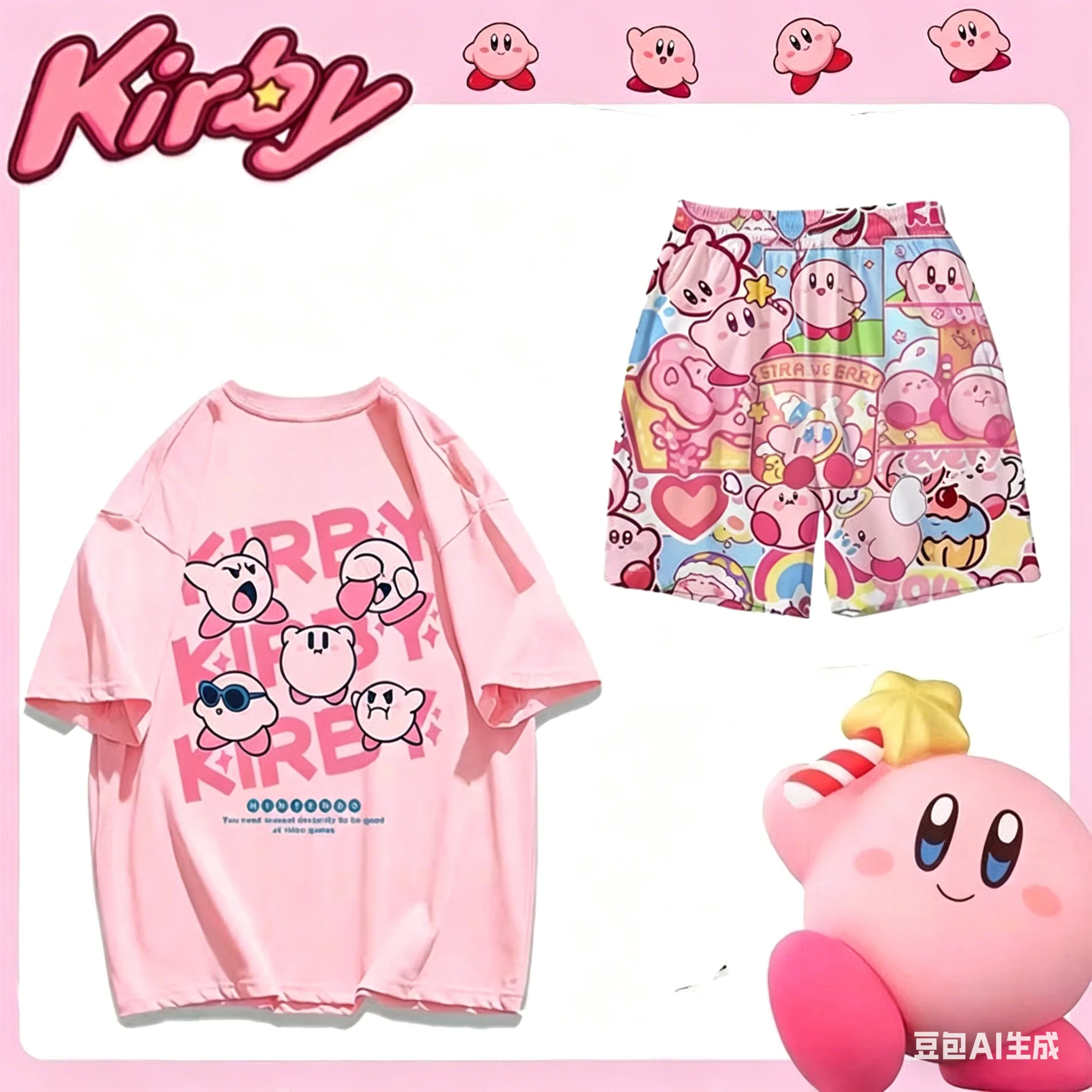 Dopamine Star Kirby Adult and Children 3D Printed Short Sleeve and Shorts Couple Style / Parent-Child Casual Two-Piece Set
