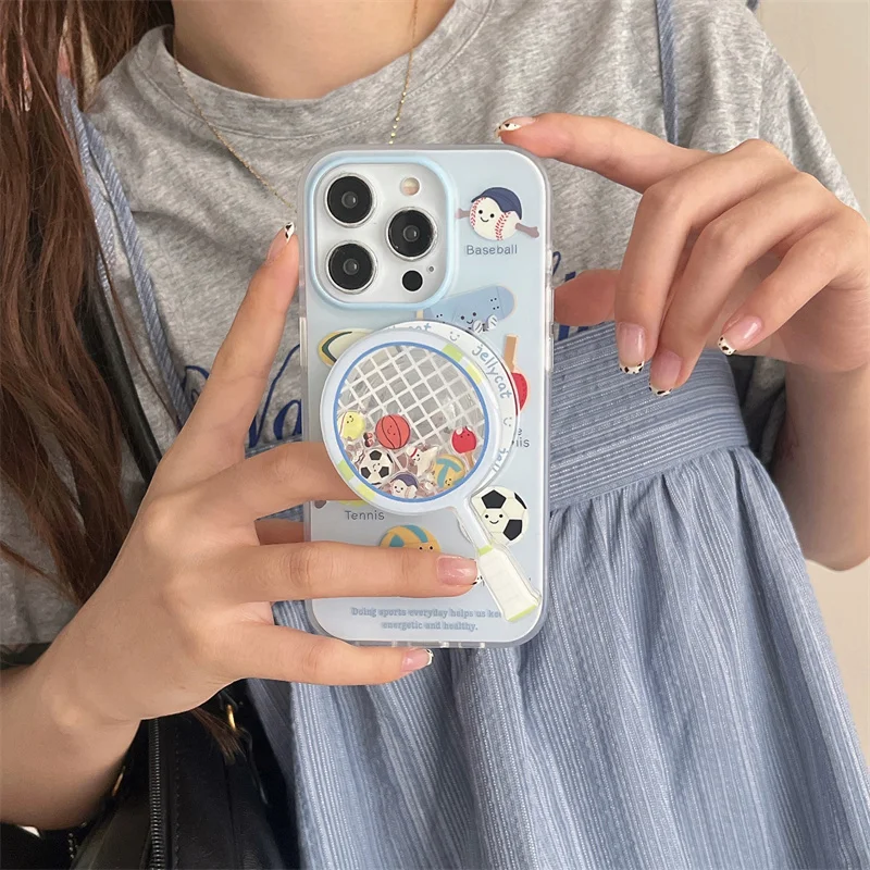 

Creative Badminton racket Magnetic Phone Case For iPhone 16 15 Pro 13 12 13pro 14 16 Pro Max Cover with Cute Magsafe Holder Case