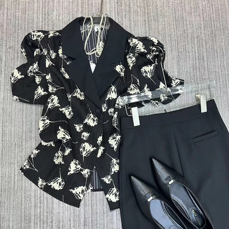 

Short Sleeve Shirts Womens Chiffon Shirring Pintuck Cropped Shirt Street Urban Artistic Modern Youthful Student Trendy Blouse