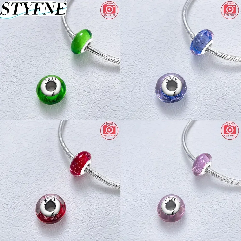 Original Sterling Silver 925 Shiny Color Mini Murano Solid Frosted Matte Glass Bead Bracelet for Women DIY Fine Jewelry Making